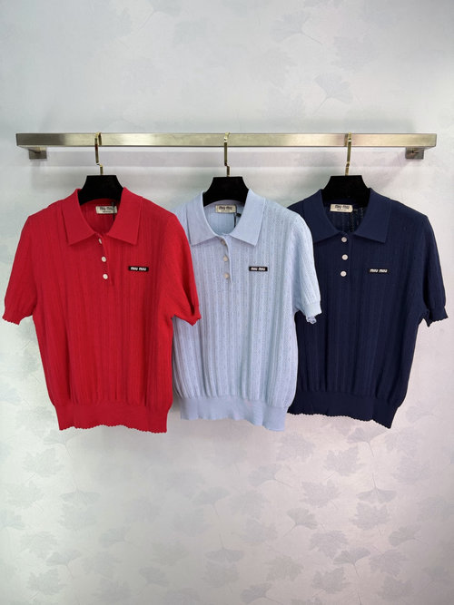Miu Miu Classic Knit Polo Shirt with Logo Embroidery, Multiple Colors