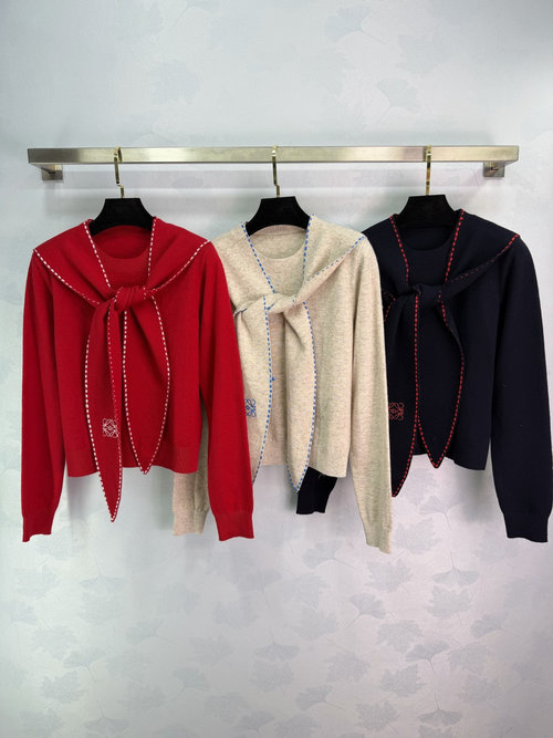 Loewe Navy Collar Knit Shirt with Embroidered Details