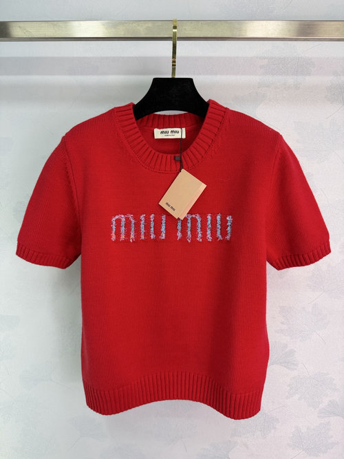 Miu Miu Red Knit Short Sleeve with Brand Logo