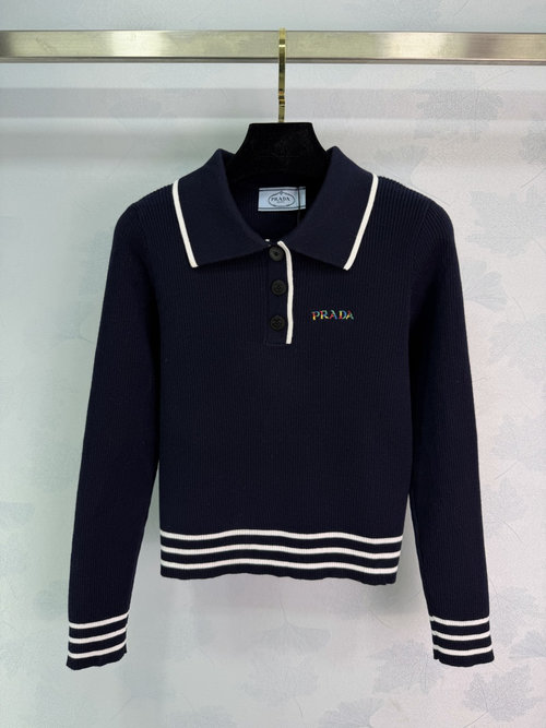 Prada Soft Knit Polo Shirt with White Stripes and Logo