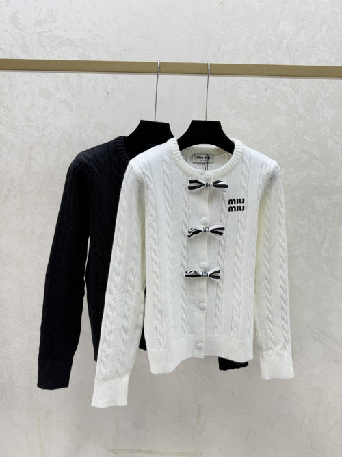 Miu Miu Contrasting Bowknot Round-Neck Long-Sleeve Knit Cardigan in White, Black