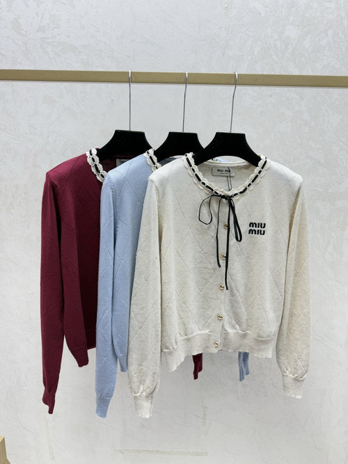 Miu Miu Apricot, Blue, Red Striped Round-Neck Knit Cardigan