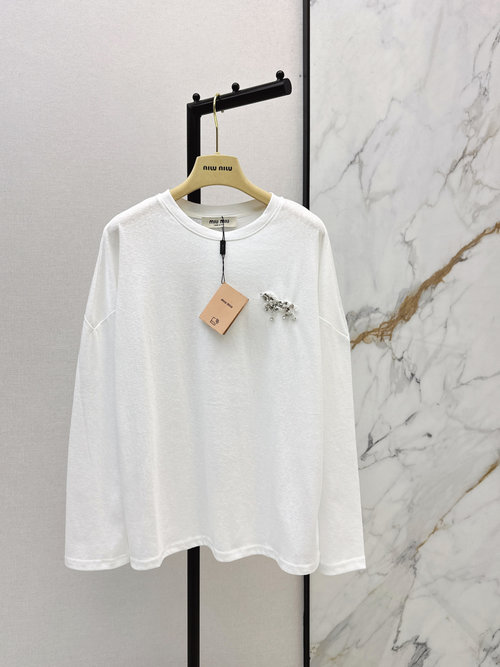 Miu Miu Sparkling Horse-Embroidered Cotton Long-Sleeve Tee