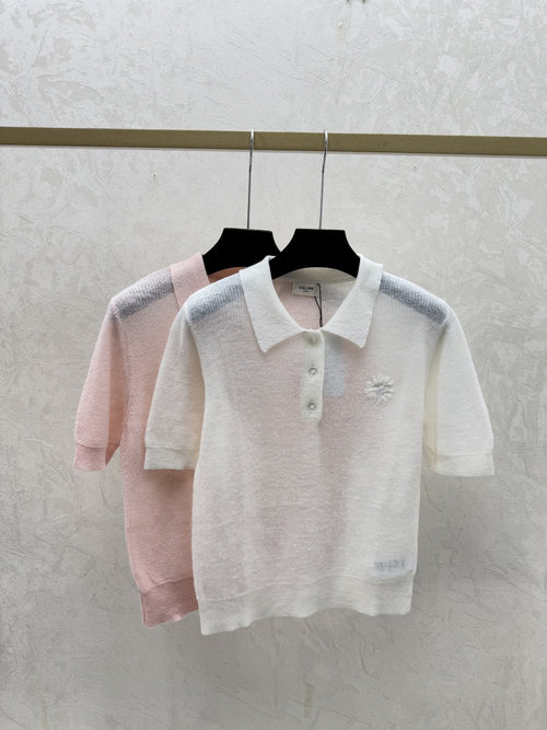 Celine Solid Color Collar Short Sleeve in White and Pink