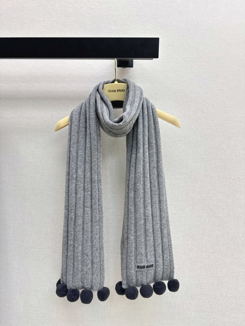Miu Miu Warm Wool and Cashmere Blend Scarf with Pom-Pom