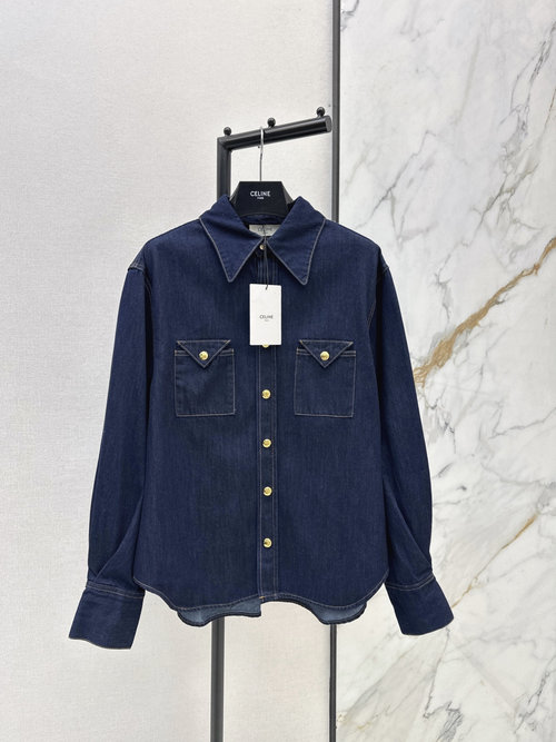 Celine Stylish Denim Shirt with Triangular Flap and Gold Buttons