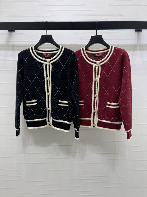 Gucci High - quality Knit Open - front Cardigan with Checkerboard Contrast