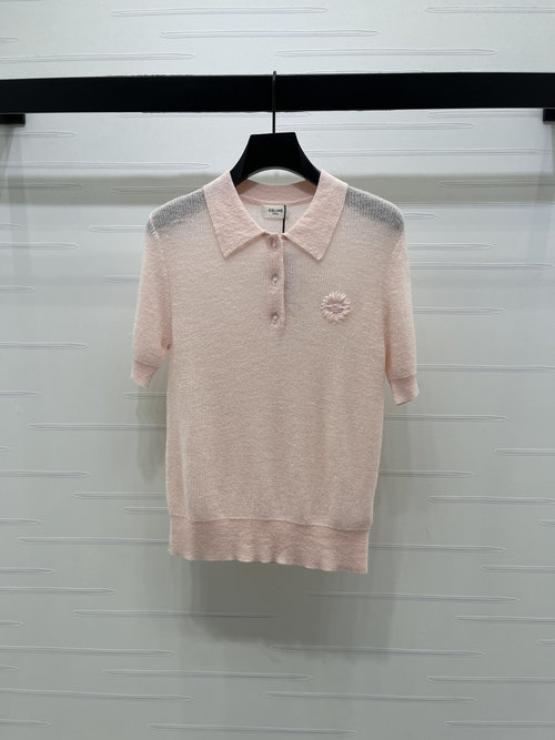 Celine Turned-Down Collar Knitted Tee with Hand-Hooked Daisy, Luxury