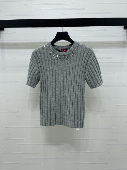 Gucci Luxury Rhinestone Knit Short Sleeve, Versatile for Layers