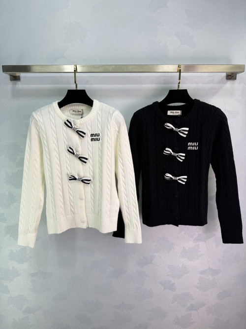 Miu Miu Bow Knitted Cardigan with Classic Twist and Brand Embroidery