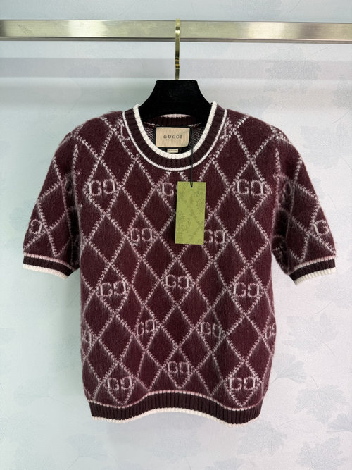Gucci Short Sleeve Knit Cardigan with Double G Pattern