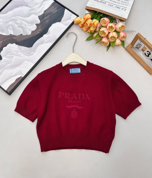 Prada Letter Embroidery Bubble Sleeve Knit Top, Retro Charm