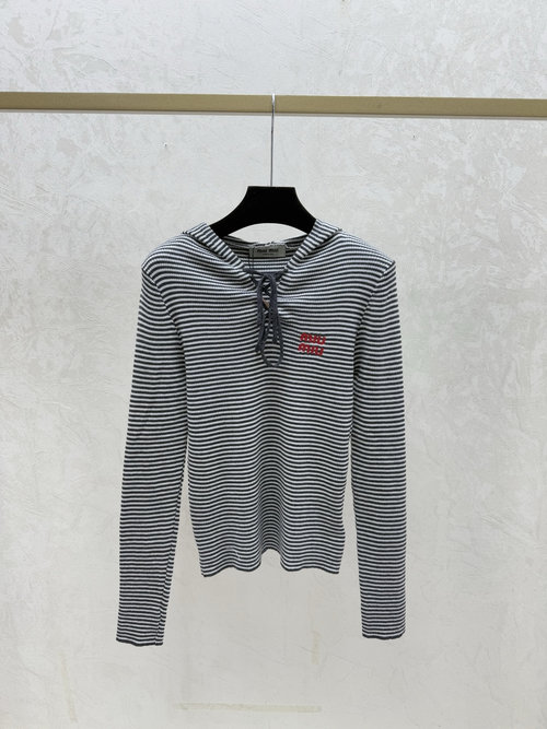 Miu Miu Contrasting Stripe Hooded Knit Long Sleeve in Gray