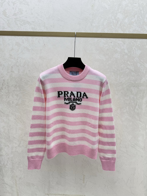 Prada Contrasting Stripe Letter Round Collar Knit Long Sleeve in Pink