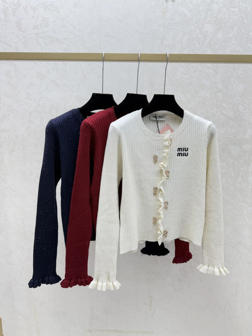 Miu Miu Solid Color Knit Long-Sleeved Top with Ruffled Hem