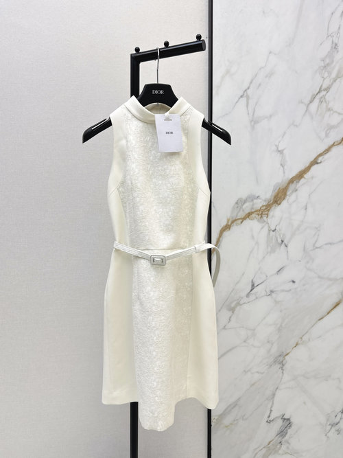 Dior Relief Jacquard Belted Dress with Four-leaf Clover Pattern