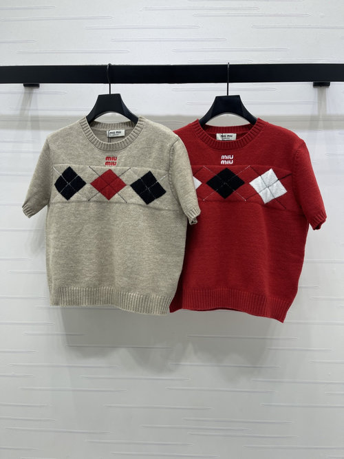 Miu Miu Customized Checkerboard Pattern Knit Short Sleeve