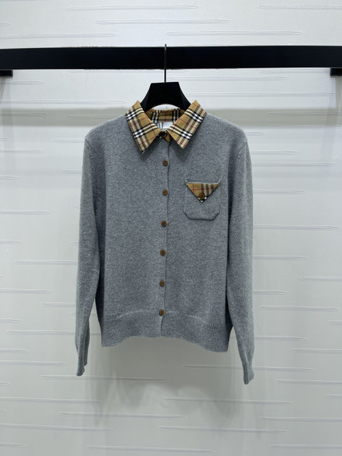 Burberry Original Knit Cardigan with Spliced Check and Wood Buttons