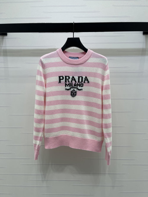 Prada High - end Round - neck Striped Knit Long - sleeved Top with Logo