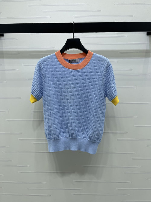 Fendi High-Quality Jacquard Round-Neck Knit Short Sleeve with Double F Logo
