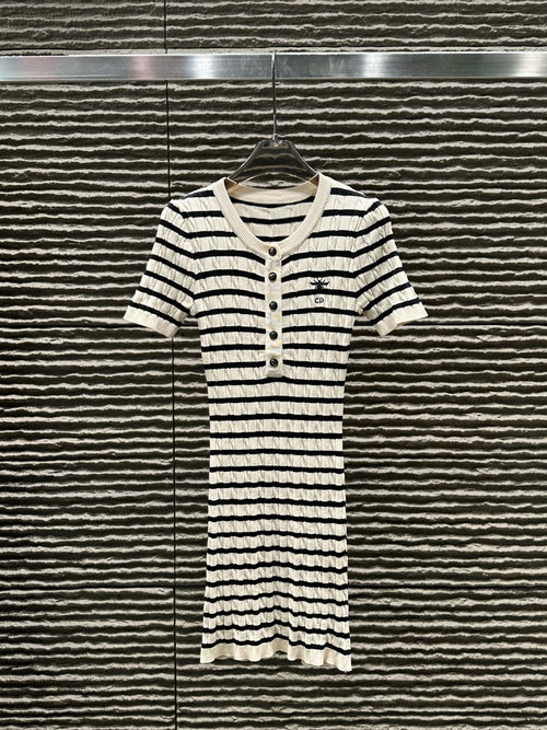 Dior New Striped Round - Neck Knit Short - Sleeve Dress