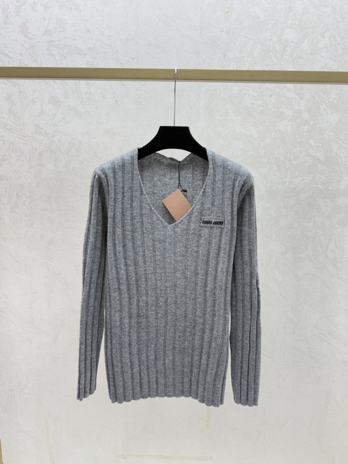 Miu Miu Grey Solid V-Neck Long-Sleeved Knit Top