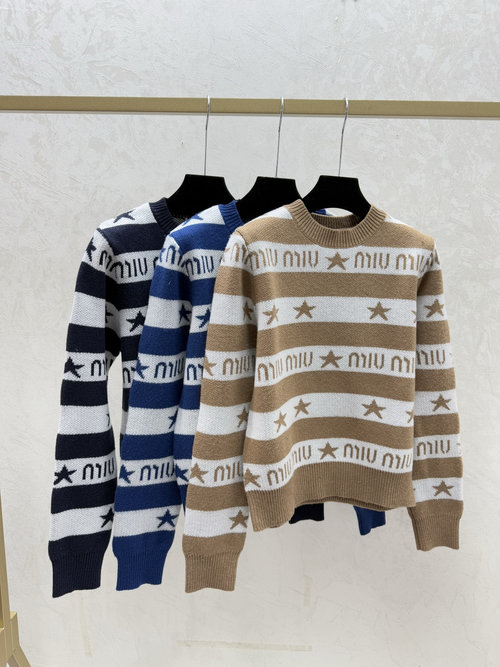 Miu Miu Khaki and Blue Contrasting Star & Letter Striped Knit Long Sleeve