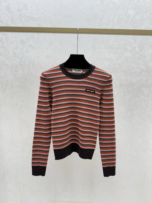 Miu Miu Classic Brown Contrast Striped Round Neck Knit Long Sleeve