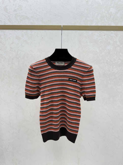 Miu Miu Timeless Brown Contrast Striped Round Neck Knit Short Sleeve