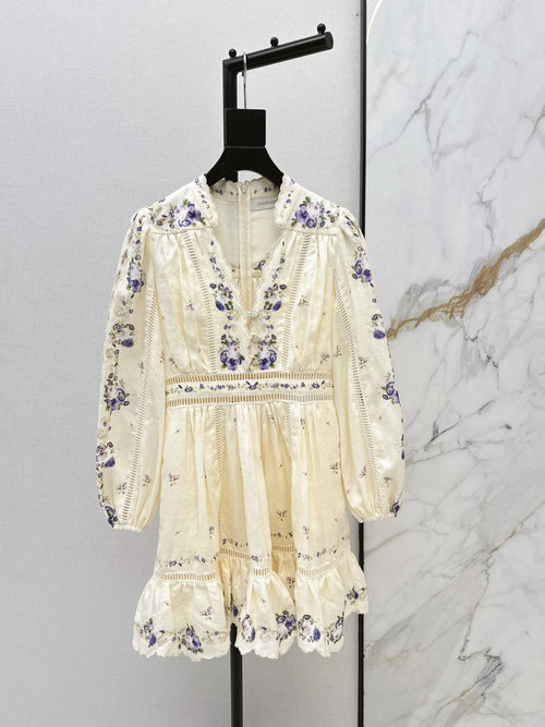 Zimmermann Cream Beige Dress with Purple Flower Embroidery for田园度假