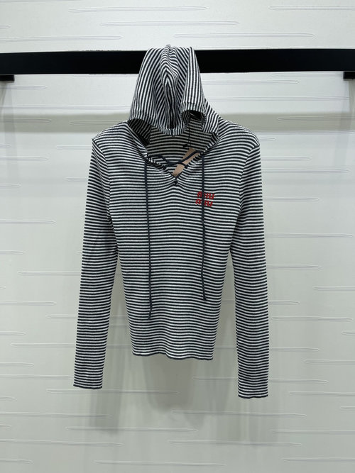 Miu Miu Chic Hooded Striped Knit Long-sleeve with Embroidered Logo