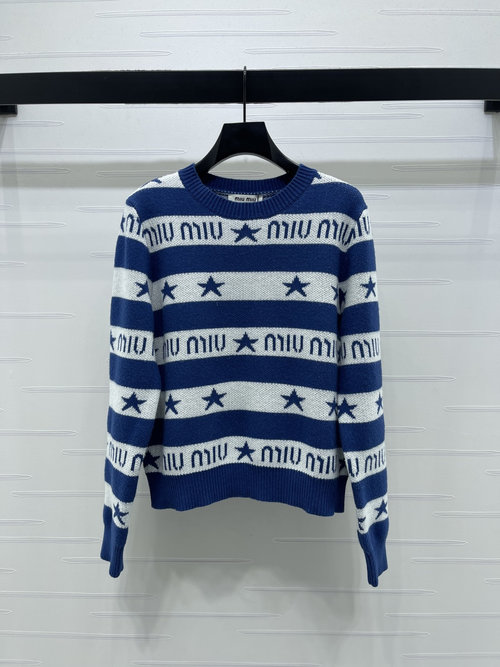Miu Miu Striped Round-Neck Knit Pullover with Logo