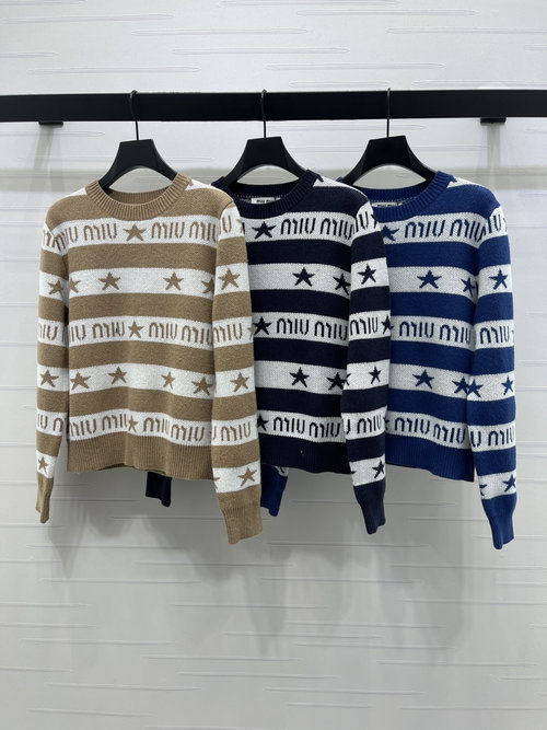 Miu Miu Round Neck Knitted Pullover with Stripe & Logo