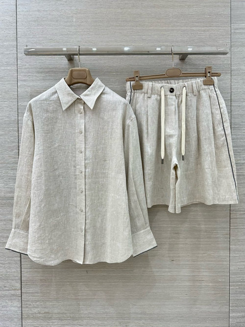 Brunello Cucinelli Premium Linen Shirt and Shorts Ensemble with Copper Accents
