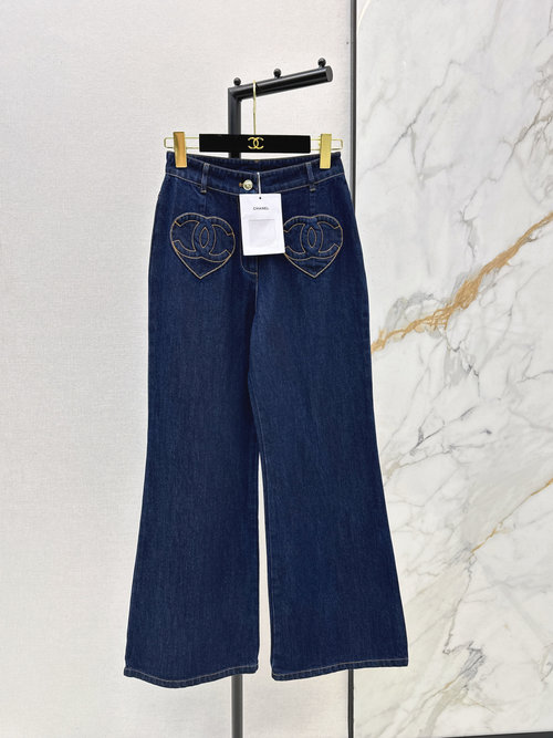 Chanel Denim Pants with Heart Double C Design, Chic