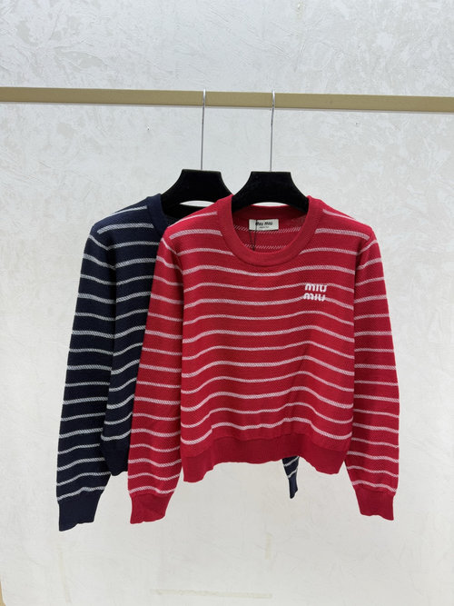 Miu Miu Contrast Color Striped Round Neck Long-sleeve Knit in Red & Royal Blue