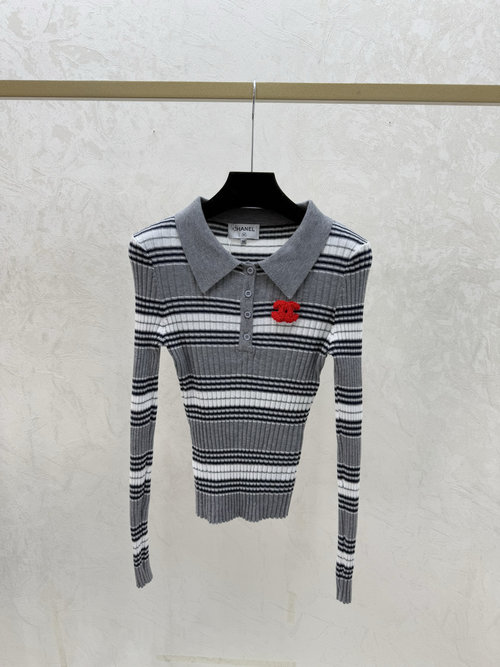 Miu Miu Contrast Color Striped Lapel Long-sleeve Knit in Gray
