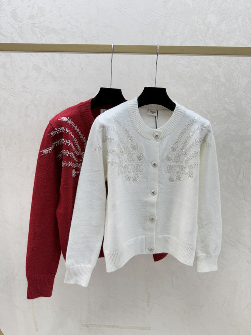 Celine Contrast Color Studded Round Neck Long-sleeve Knit Cardigan in White & Red