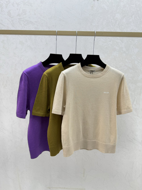 Miu Miu Solid Color Simple Round Neck Knit Short Sleeve in Apricot, Green & Purple