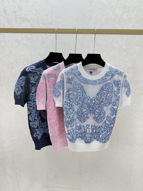 Dior Round Neck Knit Short Sleeve with Butterfly Embroidery
