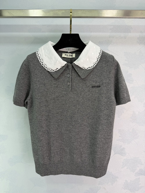 Miu Miu Knit Short Sleeve with Removable Doll Collar, Chic