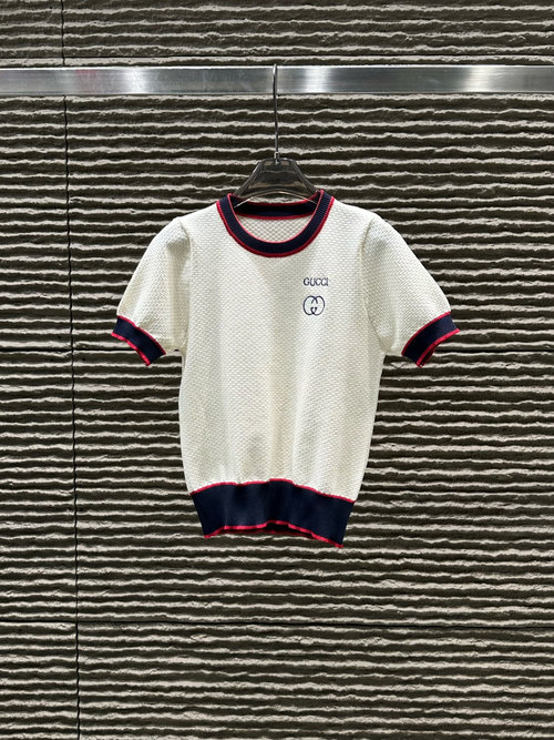 Gucci Embroidered Letter Knit Short-Sleeved Top