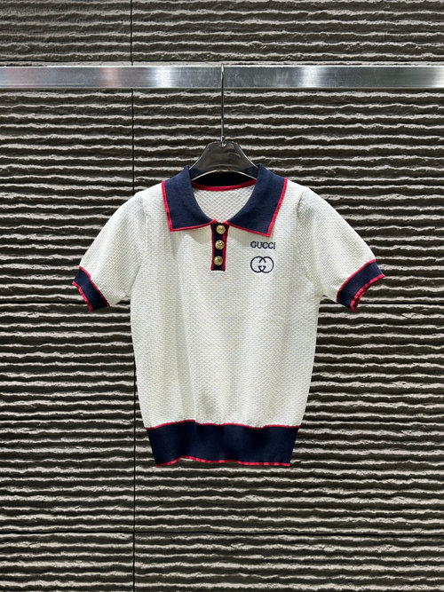 Gucci Embroidered Letter Knit Collared Short-Sleeved Top