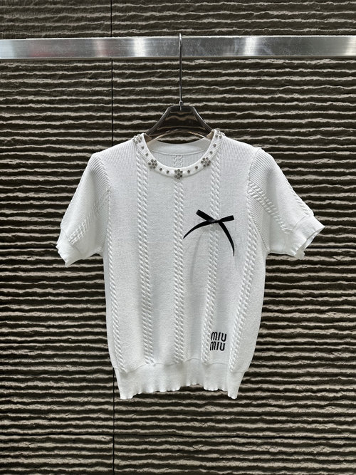 Miu Miu Neckline Heavy-Duty Studded Knit Short-Sleeved Top