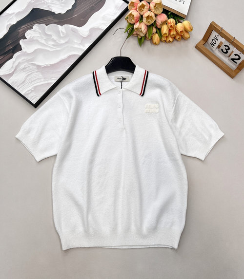 Miu Miu Polished Knit Short-Sleeve with Embroidered Logo, Versatile