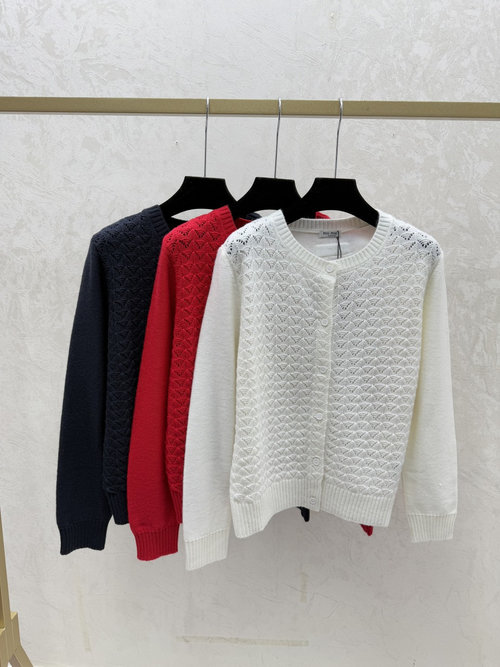 Miu Miu Solid Color Hollowed-Out Round-Neck Long Sleeve Cardigan in White, Red