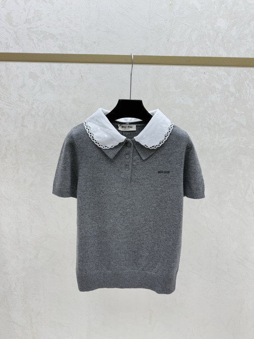 Miu Miu Color-Blocked Lace Turn-Down Collar Knit Short Sleeve