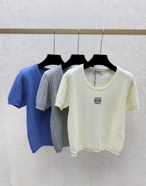 Loewe White, Gray, Blue Solid Color Round Neck Knitted Short Sleeve