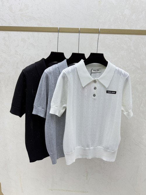 Miu Miu White, Gray, Black Solid Color Hollowed Turn-Down Collar Knit