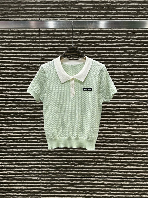 Miu Miu Collared Color-Blocked Knit Short Sleeve